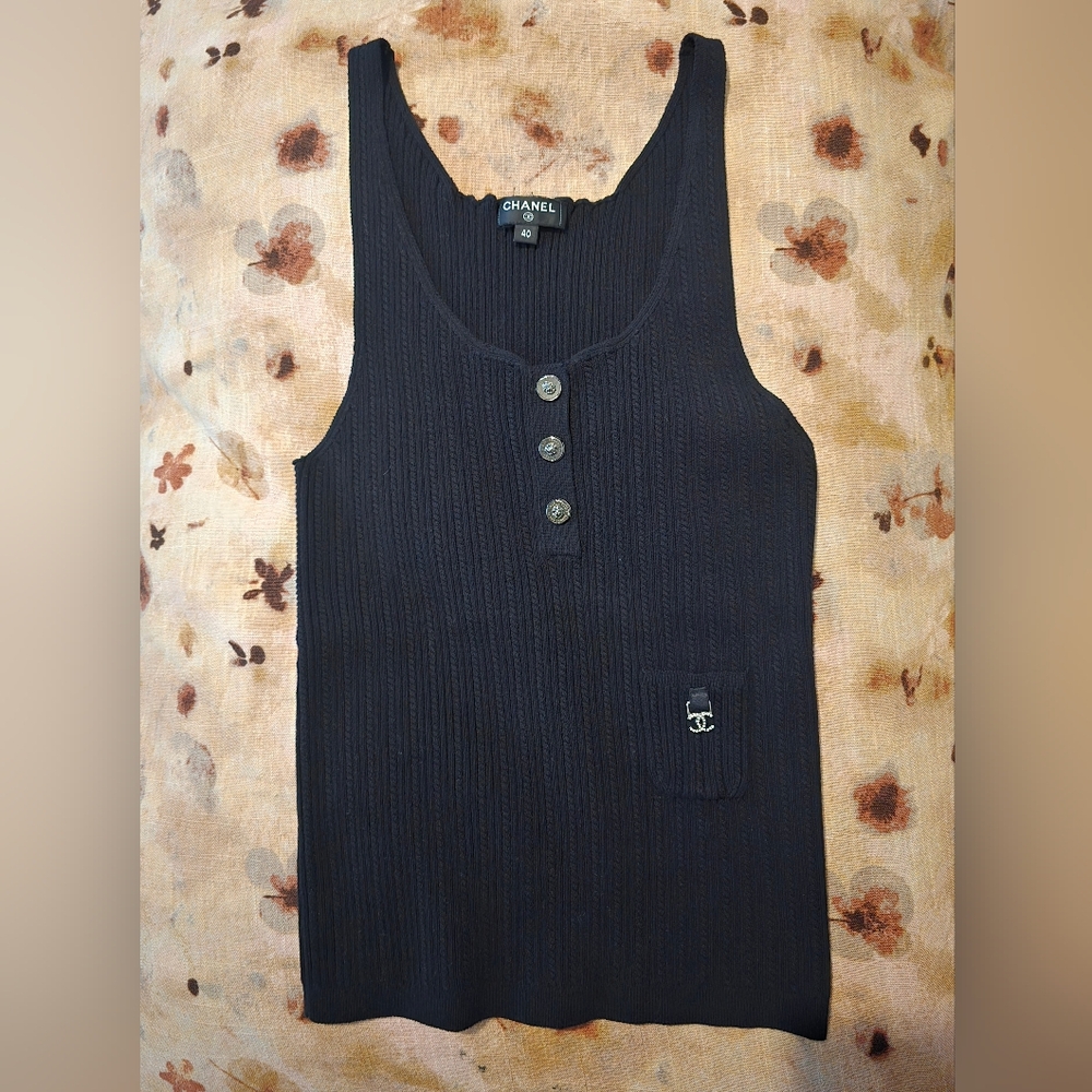 CHANEL Black Camisole Top with Ribbed Texture Pocket With CC Logo Small